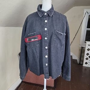 Custom Distressed Black Denim Jacket Black Dog Graphic Grunge Streetwear Size L